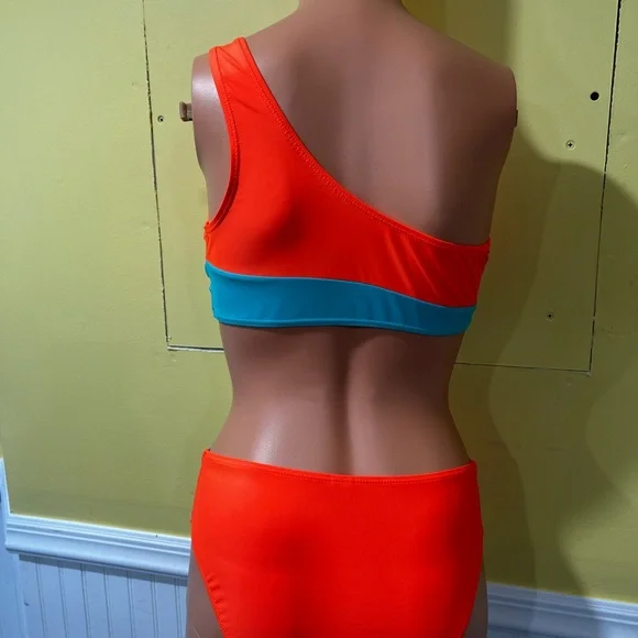One-Shoulder Orange and Blue Bikini - Picture 2 of 3
